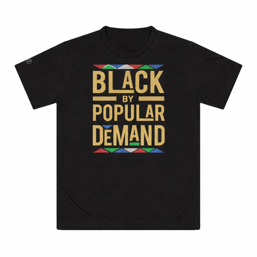 Black t-shirt with 'Black by Popular Demand' text and colorful design on a white background