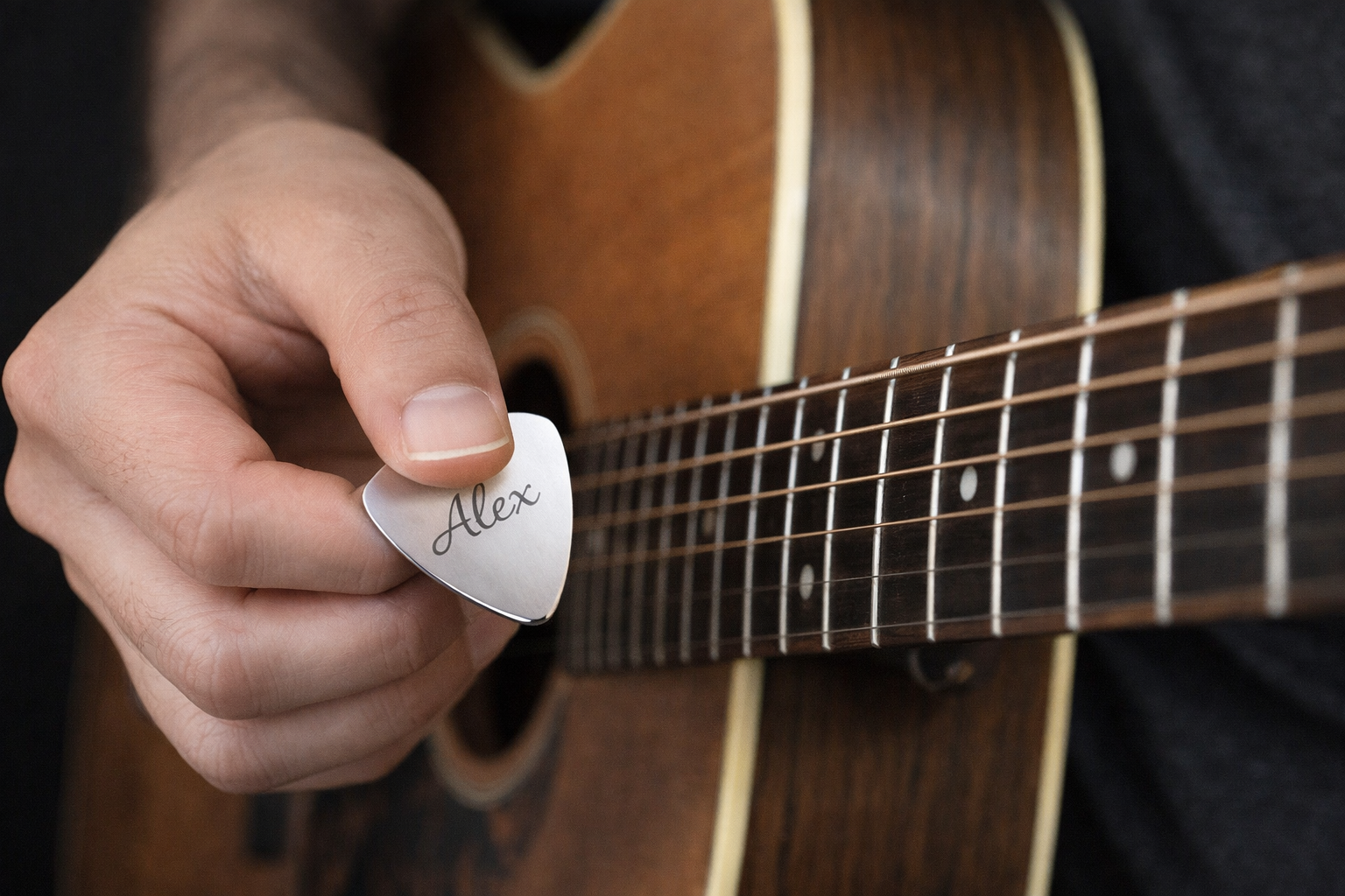 Hand holding a guitar pick with 'Alex' engraved on it, in front of an acoustic guitar.