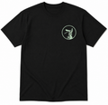 Black t-shirt with a green graphic on a white background