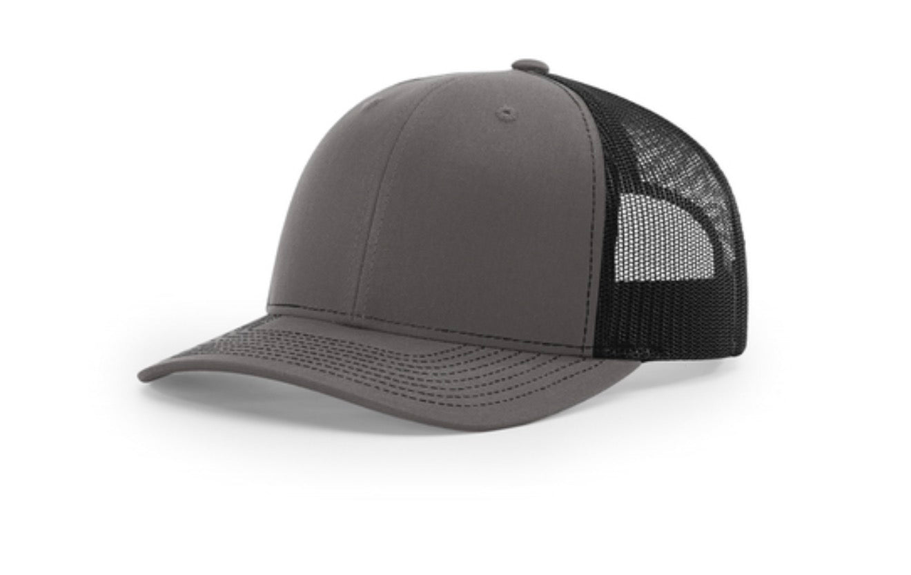 Gray and black cap with mesh back on a white background
