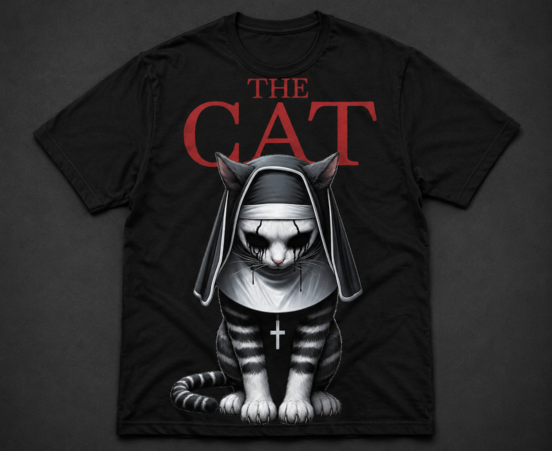 Black t-shirt with a graphic of a cat wearing bunny ears and the text 'THE CAT' on a dark background.