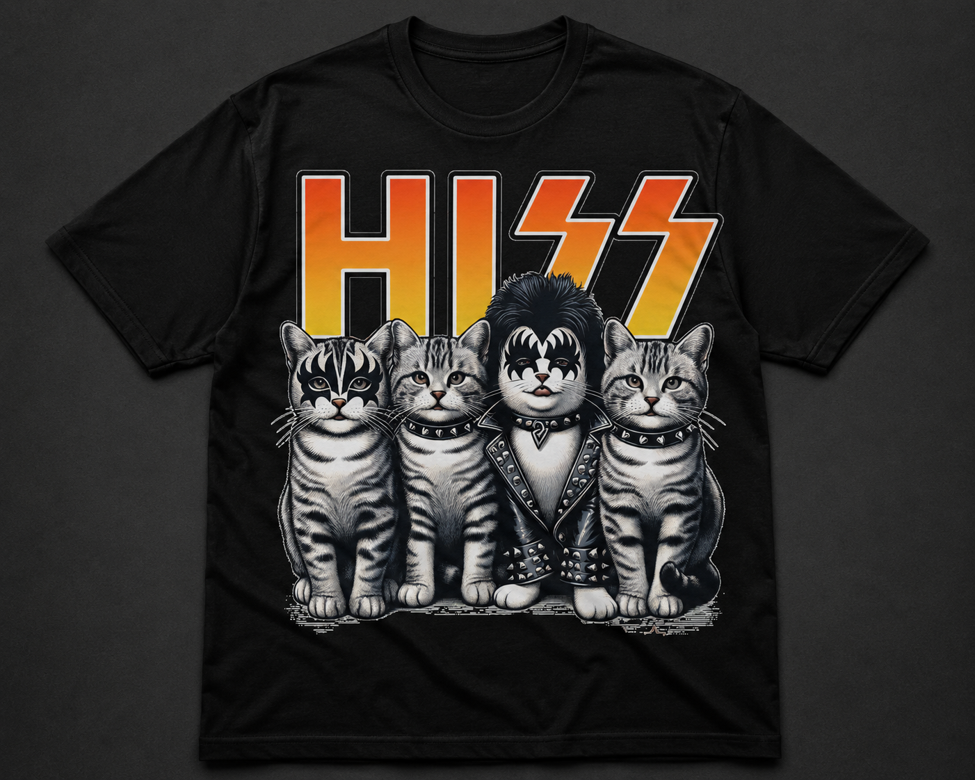 Black t-shirt with 'HISS' design featuring cats and a central figure on a dark background