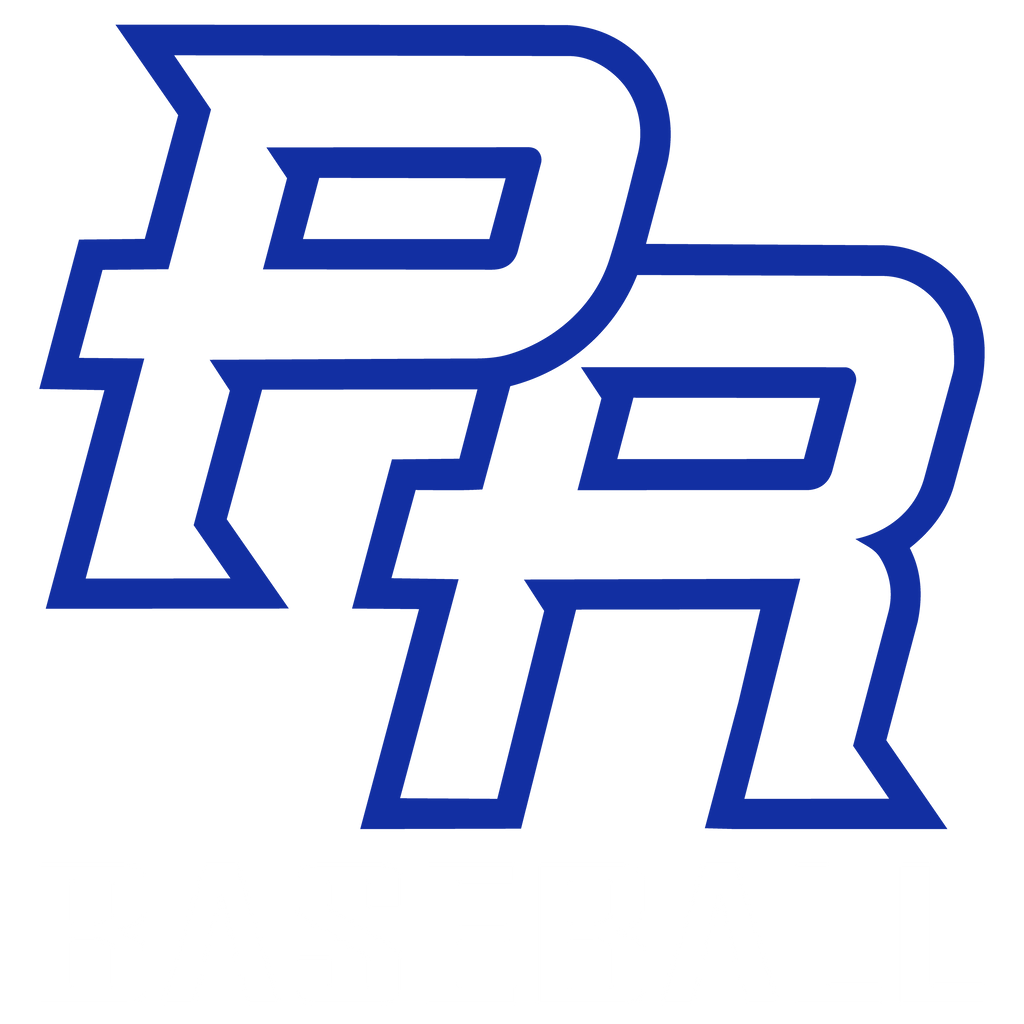 Blue and white logo with 'PR' on a white background