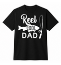 Black t-shirt with 'Reel Cool Dad' text and fish graphic on a white background
