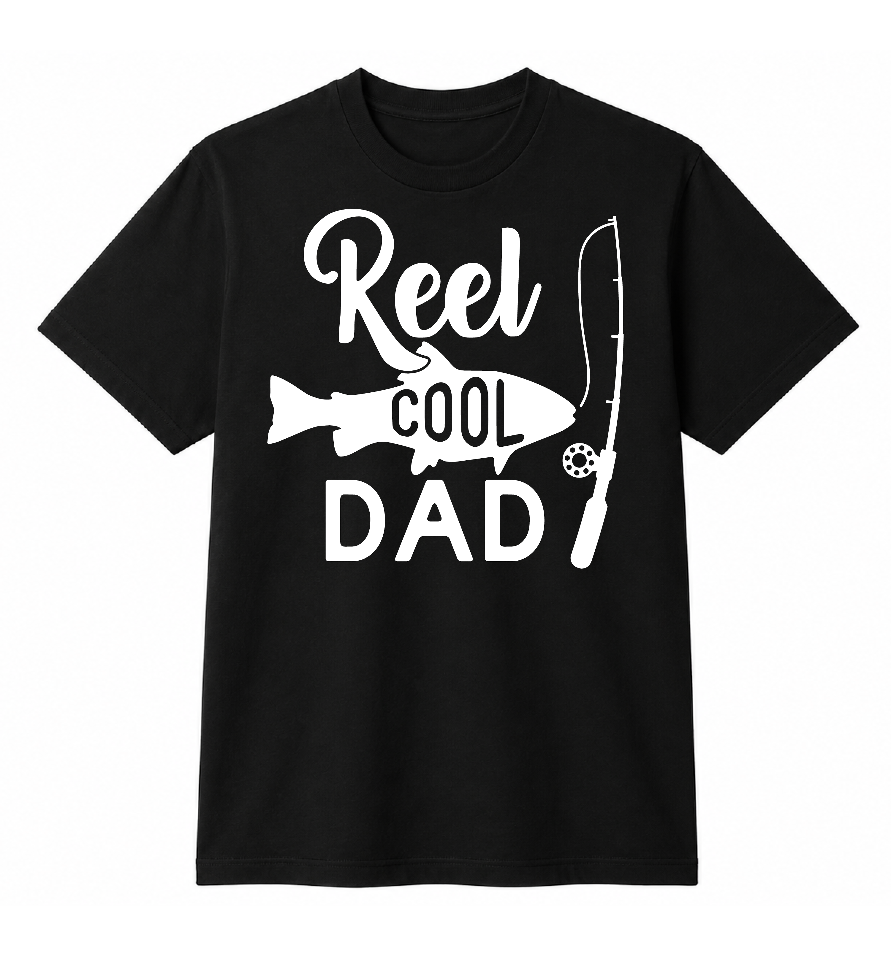 Black t-shirt with 'Reel Cool Dad' text and fish graphic on a white background