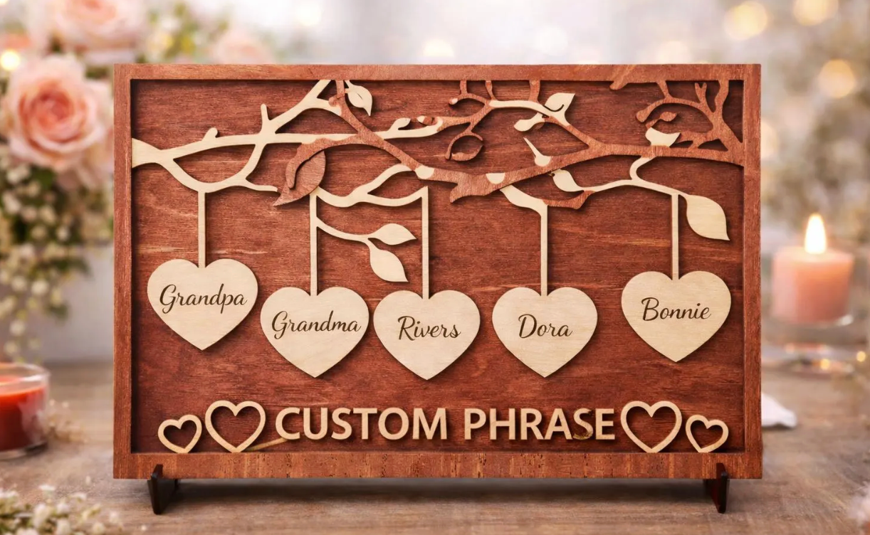Personalized Family Tree Wood Plaque with Hanging Hearts