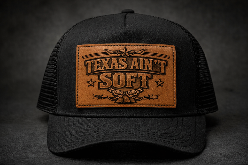 Black trucker cap with a brown leather patch reading 'Texas Ain't Soft' on a dark background