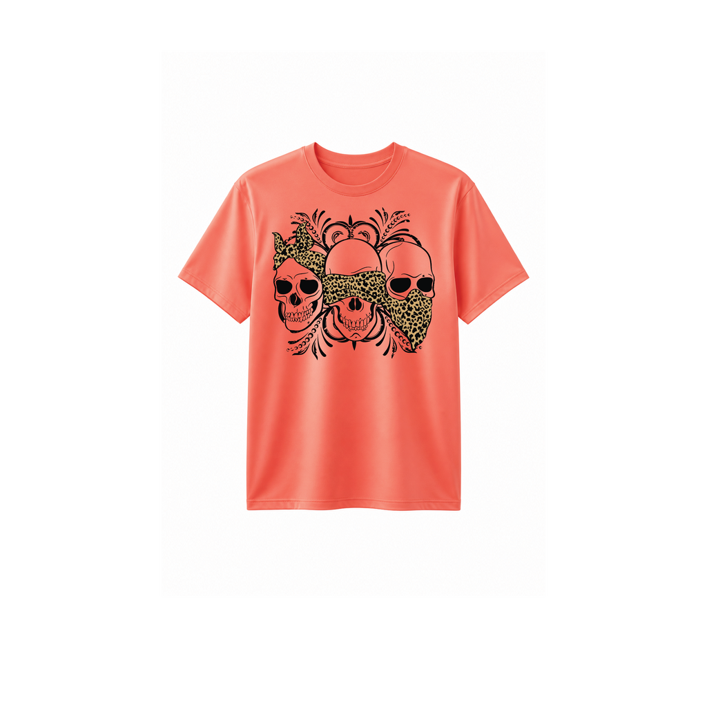 Coral t-shirt with skull design on a white background
