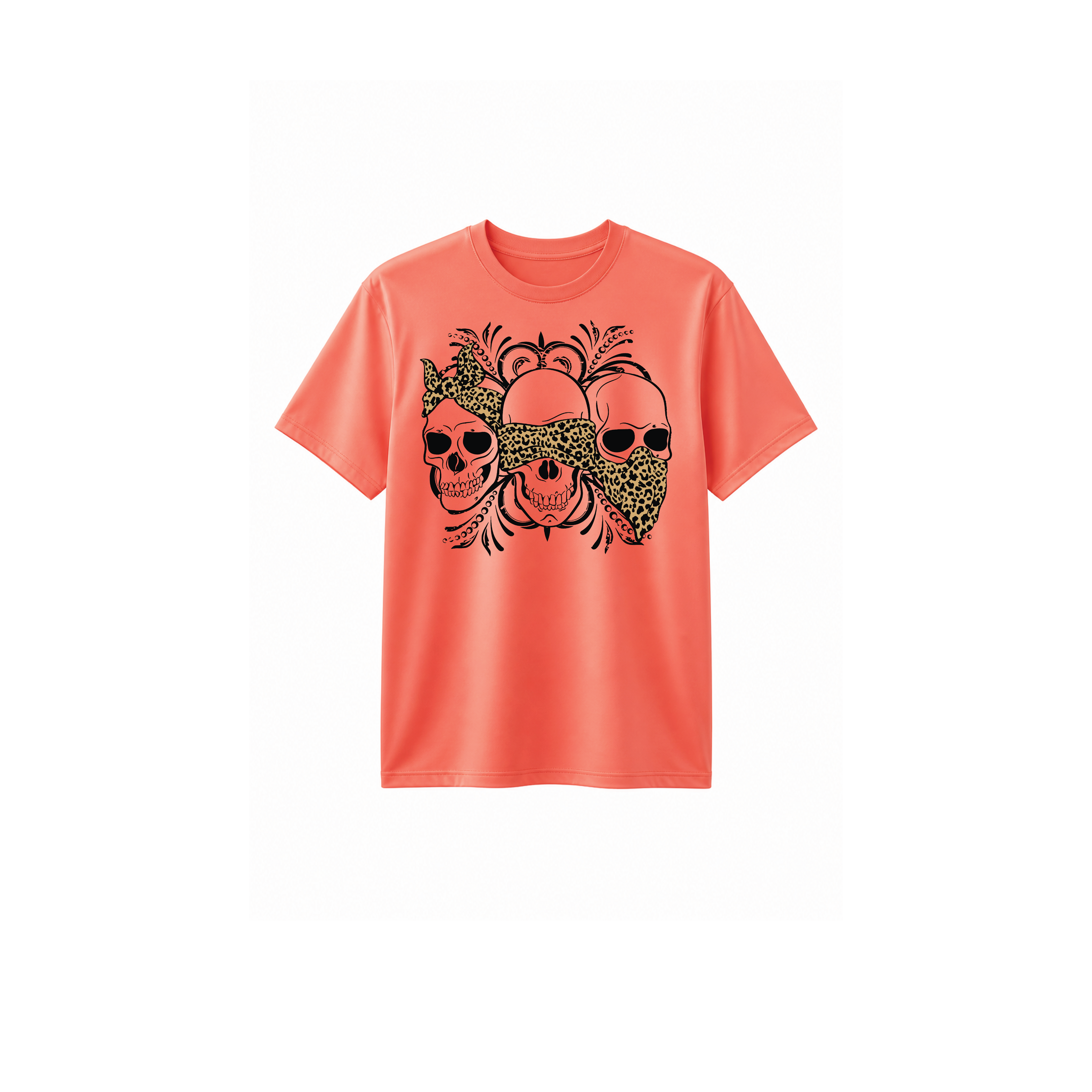 Coral t-shirt with skull design on a white background