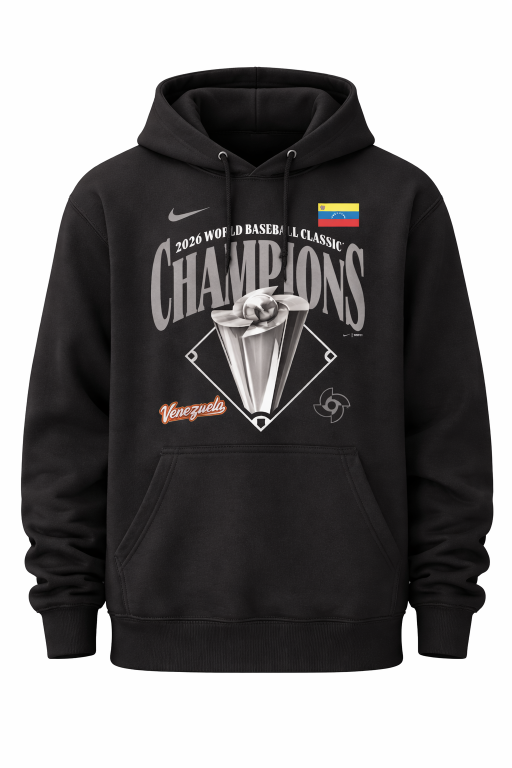 Black hoodie with '2026 World Baseball Classic Champions' Venezuela Flag and Venezuela Logo 