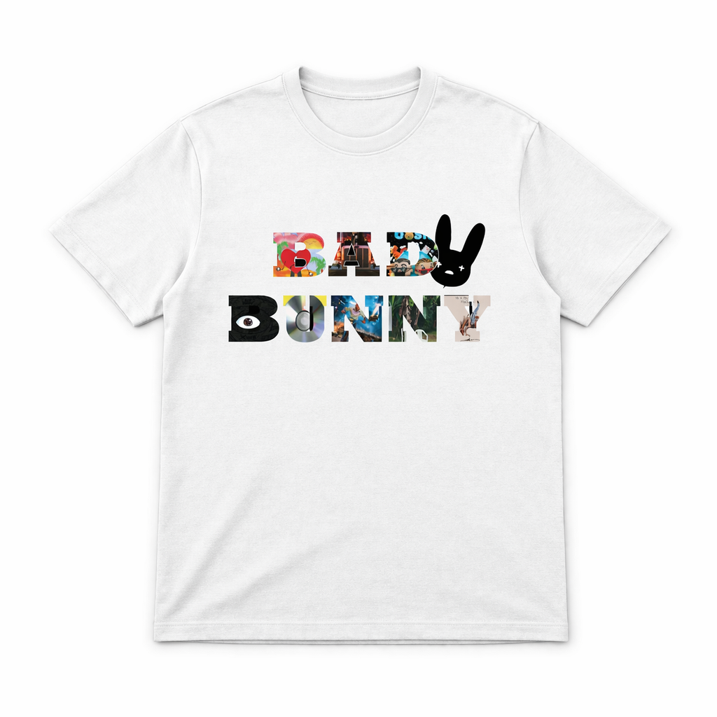 White t-shirt with colorful 'Bad Bunny' logo on a white background