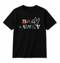 Black t-shirt with colorful Bad Bunny graphic design on a white background
