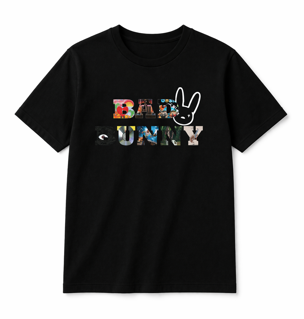 Black t-shirt with colorful Bad Bunny graphic design on a white background