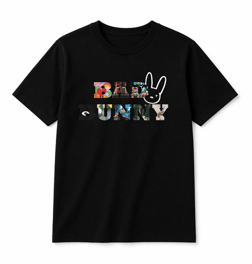 Black t-shirt with colorful Bad Bunny graphic design on a white background