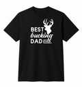Black t-shirt with white text and deer graphic on a white background