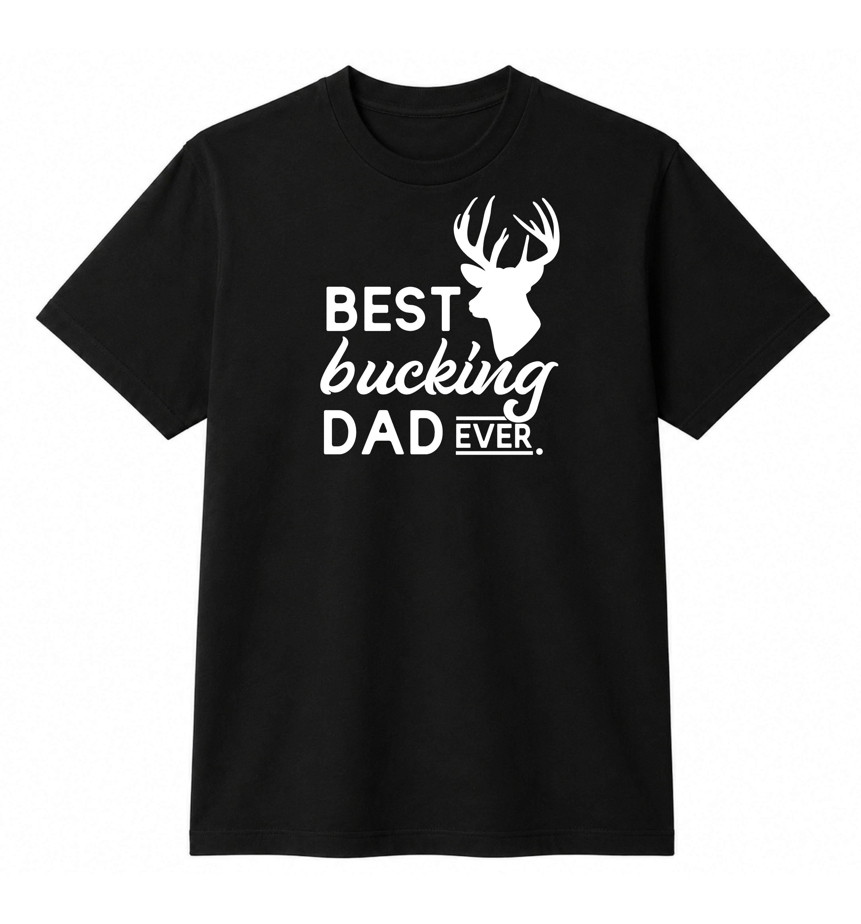 Black t-shirt with white text and deer graphic on a white background