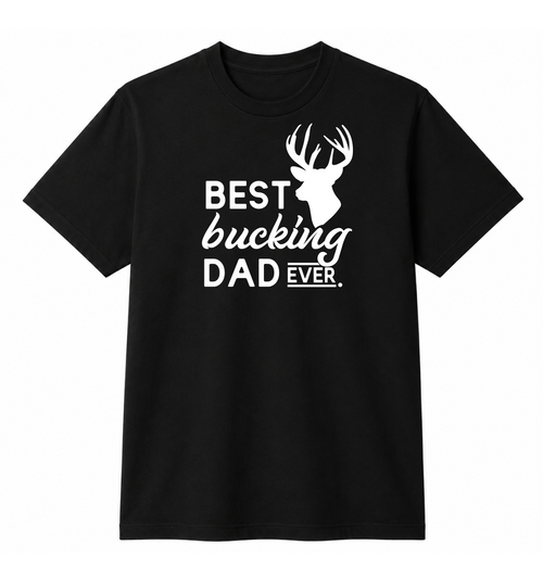 Black t-shirt with white text and deer graphic on a white background