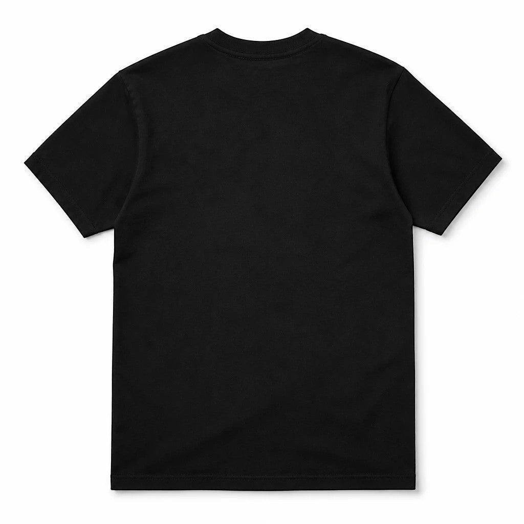 Black Flag Promotions plain black unisex cotton t-shirt, back view of a casual streetwear crew neck tee