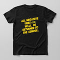 Black Flag Promotions black cotton crew neck t-shirt with bold yellow typography graphic print on the front.