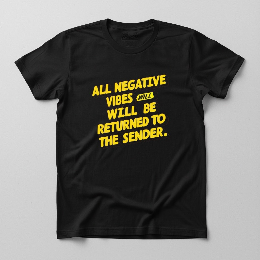 Black Flag Promotions black cotton crew neck t-shirt with bold yellow typography graphic print on the front.