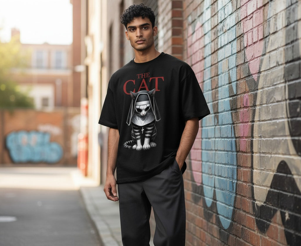 Black Flag Promotions black crewneck t-shirt featuring a gothic cat nun graphic worn by a man in an urban alleyway.