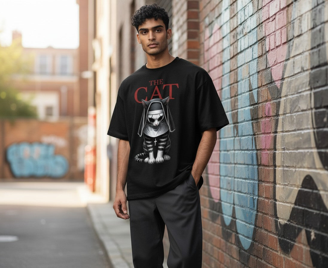 Black Flag Promotions black crewneck t-shirt featuring a gothic cat nun graphic worn by a man in an urban alleyway.