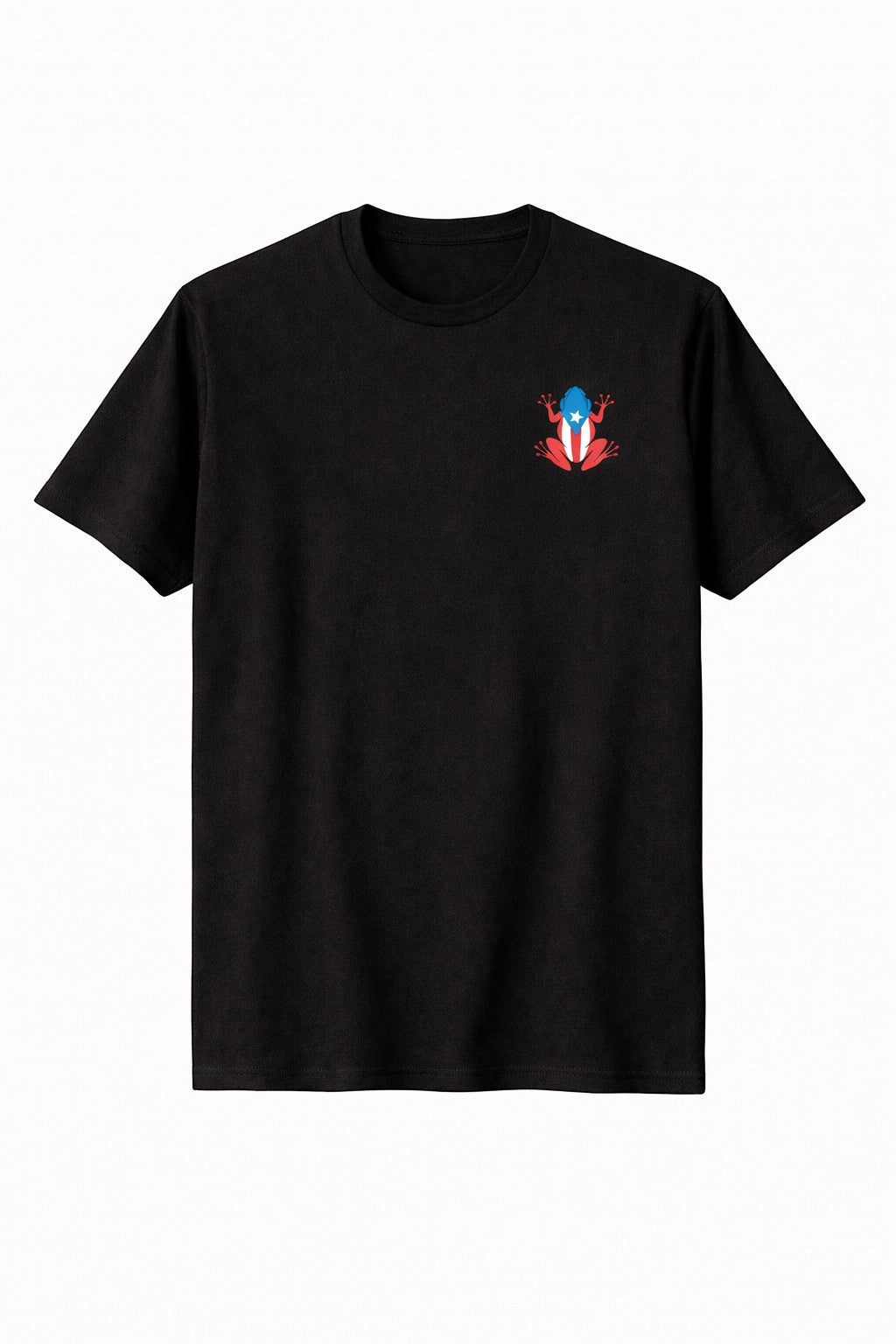Black Flag Promotions cotton crew neck t-shirt featuring a small Puerto Rican flag-inspired frog graphic on the chest