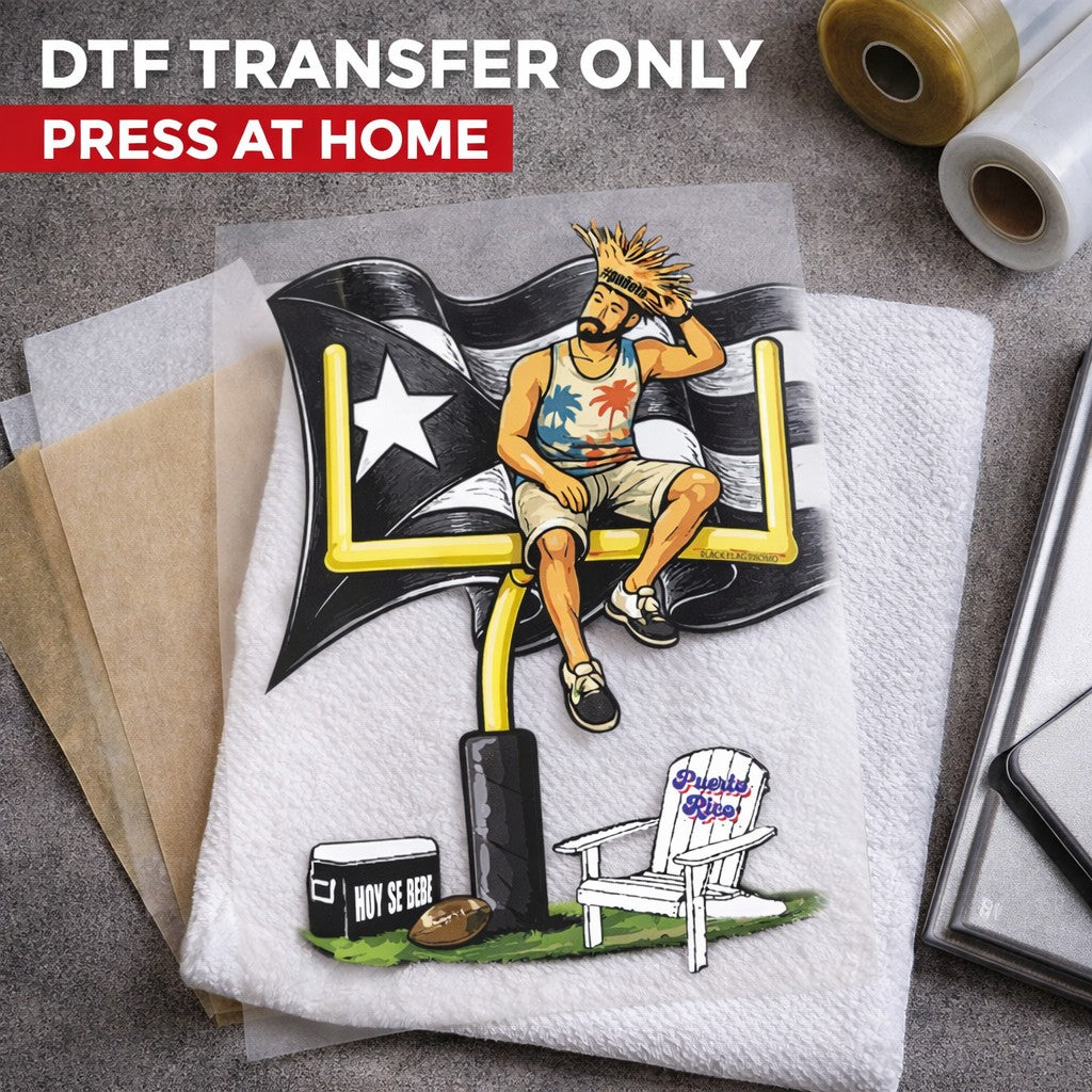 Black Flag Promotions custom DTF heat transfer sheet featuring a colorful Puerto Rican themed illustration on a white towel