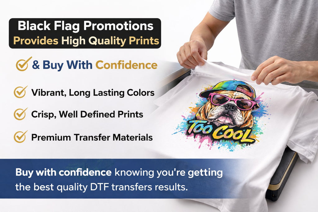 Black Flag Promotions custom DTF heat transfer sheet featuring a colorful bulldog graphic being applied to a t-shirt.