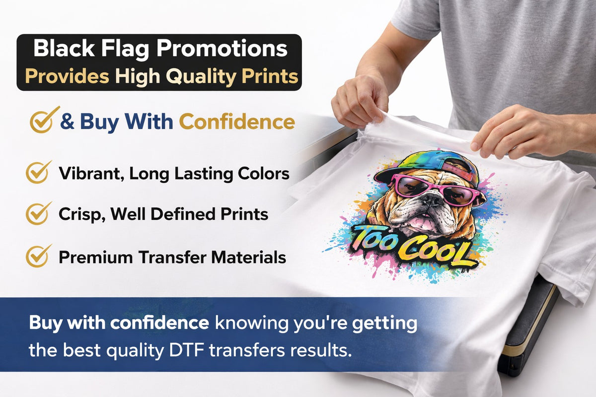 Black Flag Promotions custom DTF heat transfer sheet featuring a colorful bulldog graphic being applied to a t-shirt.