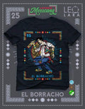 Black Flag Promotions El Borracho Loteria graphic crewneck t-shirt with vibrant Mexican cultural art on black fabric.