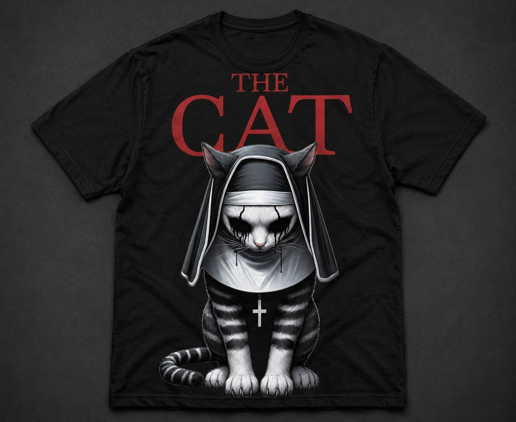 Black Flag Promotions black cotton t-shirt featuring a spooky gothic cat nun graphic with red text.