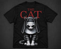 Black Flag Promotions black cotton t-shirt featuring a spooky gothic cat nun graphic with red text.