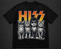 Black Flag Promotions black cotton t-shirt featuring a Hiss graphic print of four cats in rock band makeup