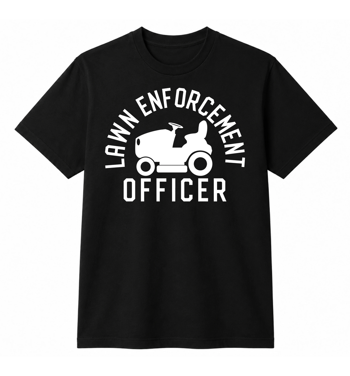 Black Flag Promotions black cotton t-shirt featuring a white Lawn Enforcement Officer graphic with a riding mower icon.