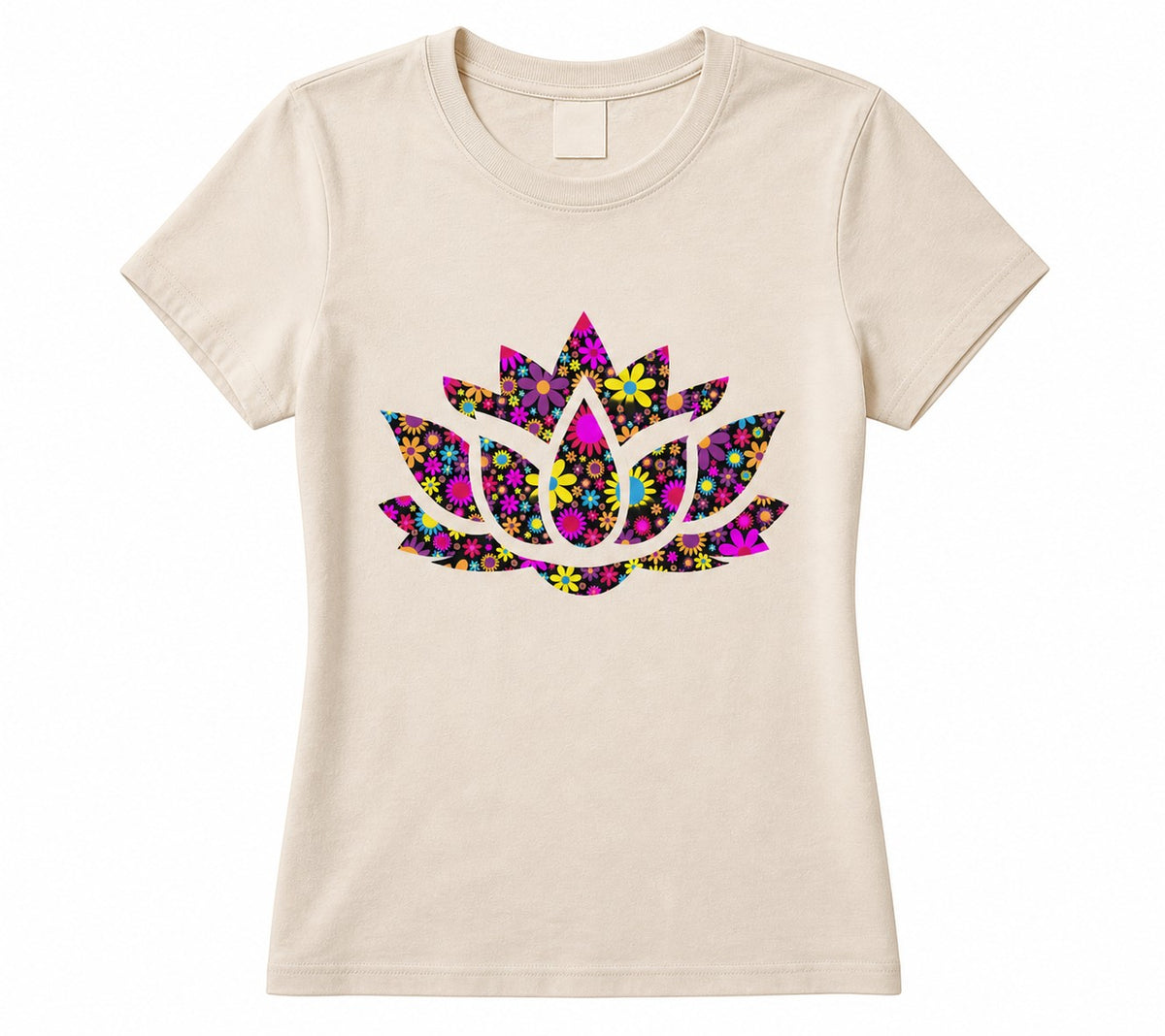 Black Flag Promotions cream short sleeve crewneck t-shirt featuring a vibrant floral lotus graphic print.