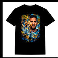 Black Flag Promotions black cotton t-shirt featuring a vibrant graphic print of Lionel Messi holding a soccer trophy.