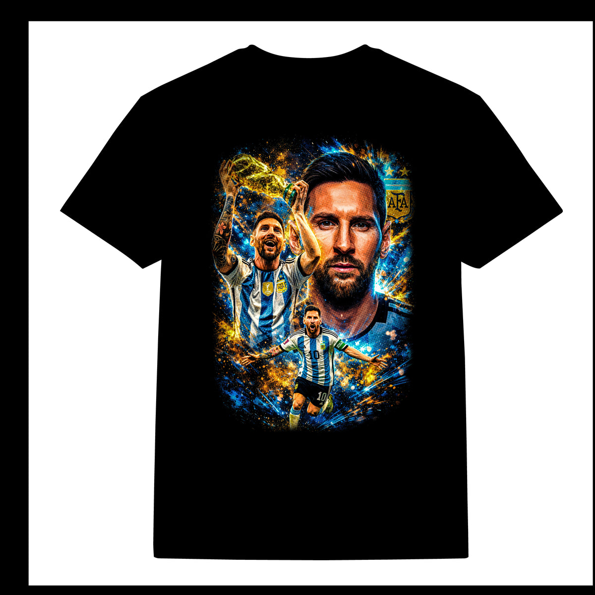 Black Flag Promotions black cotton t-shirt featuring a vibrant graphic print of Lionel Messi holding a soccer trophy.