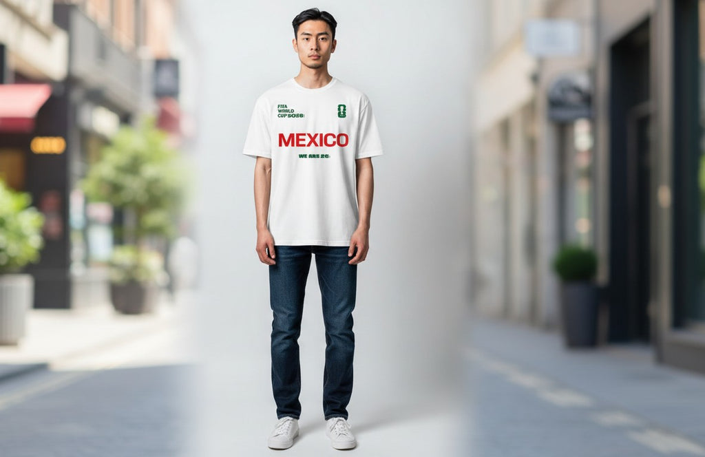 Black Flag Promotions Mexico FIFA 2026 soccer fan t-shirt worn by a man with jeans on a blurred city street background.