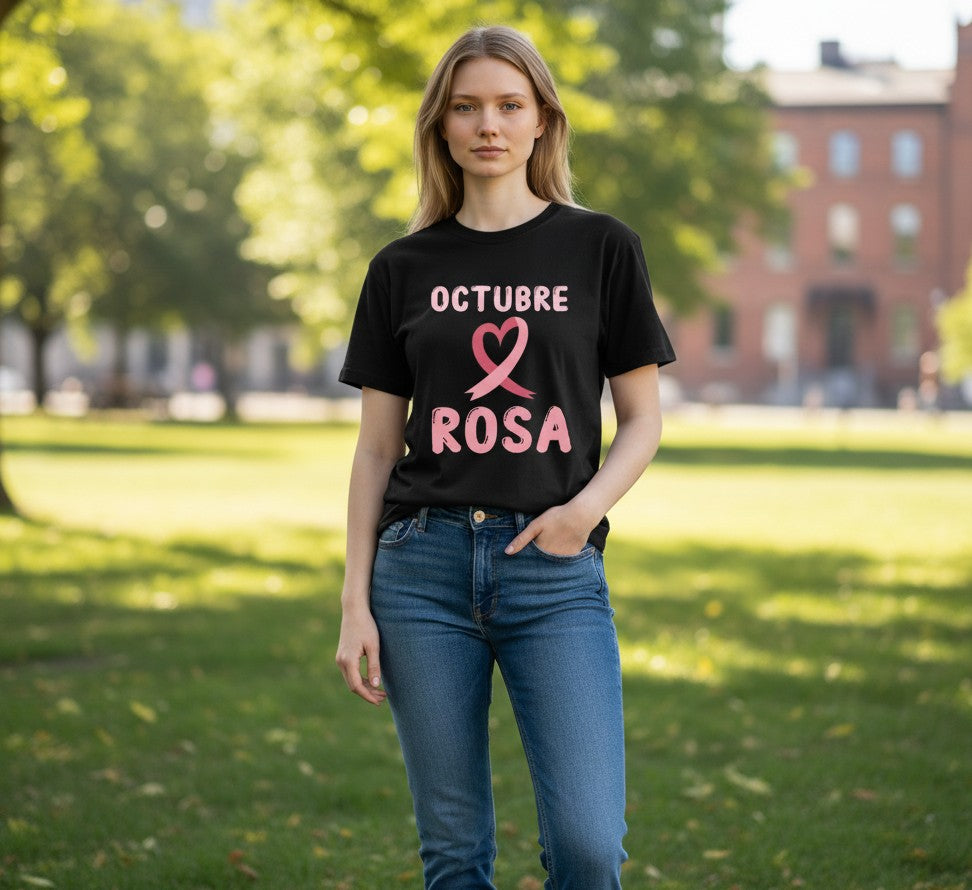 Black Flag Promotions Octubre Rosa breast cancer awareness t-shirt with pink ribbon graphic on a woman in a park.