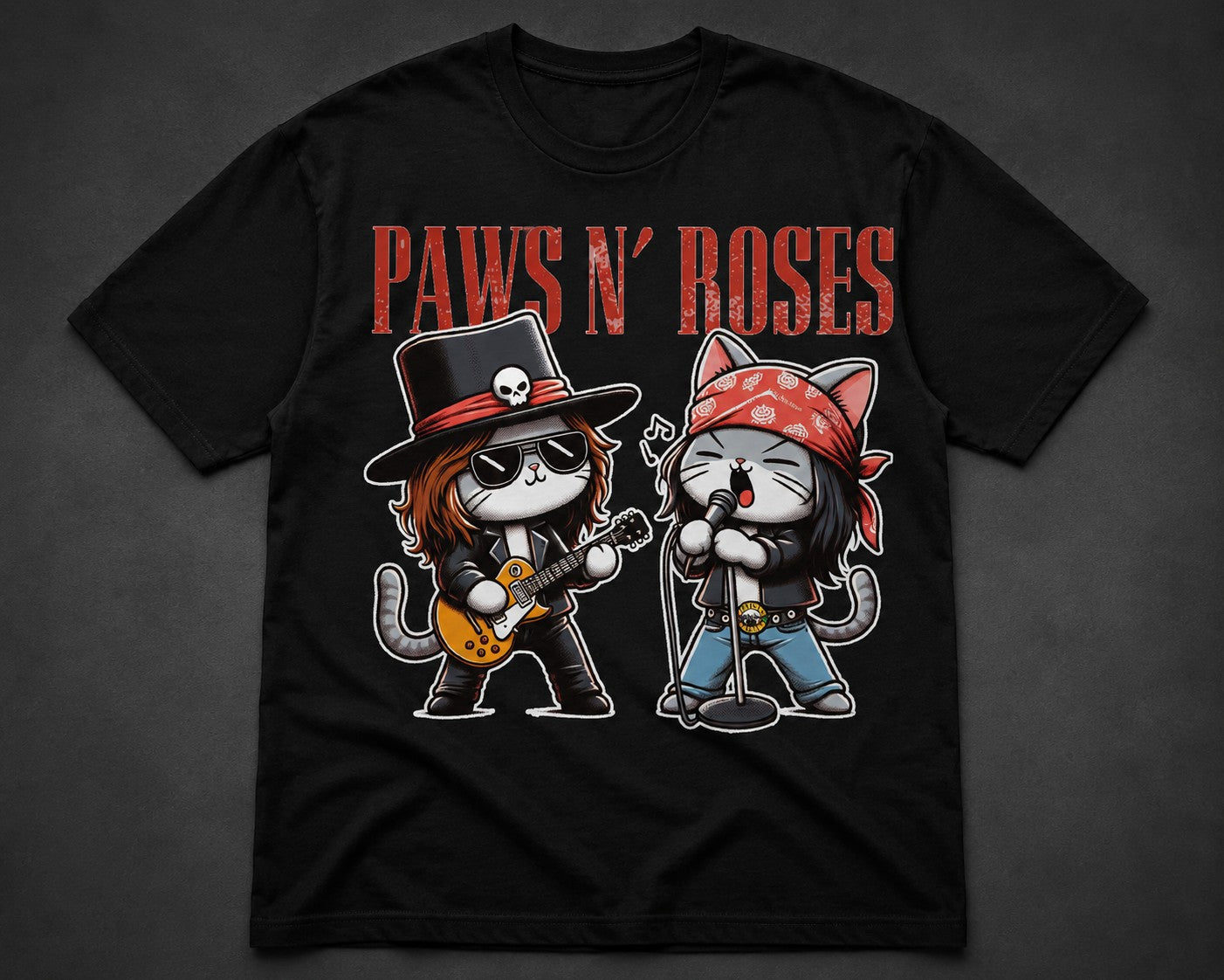 Black Flag Promotions black cotton crewneck t-shirt featuring a Paws N' Roses rock star cat graphic print.
