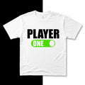 Black Flag Promotions white crew neck t-shirt with a black and green Player One graphic print on the chest.