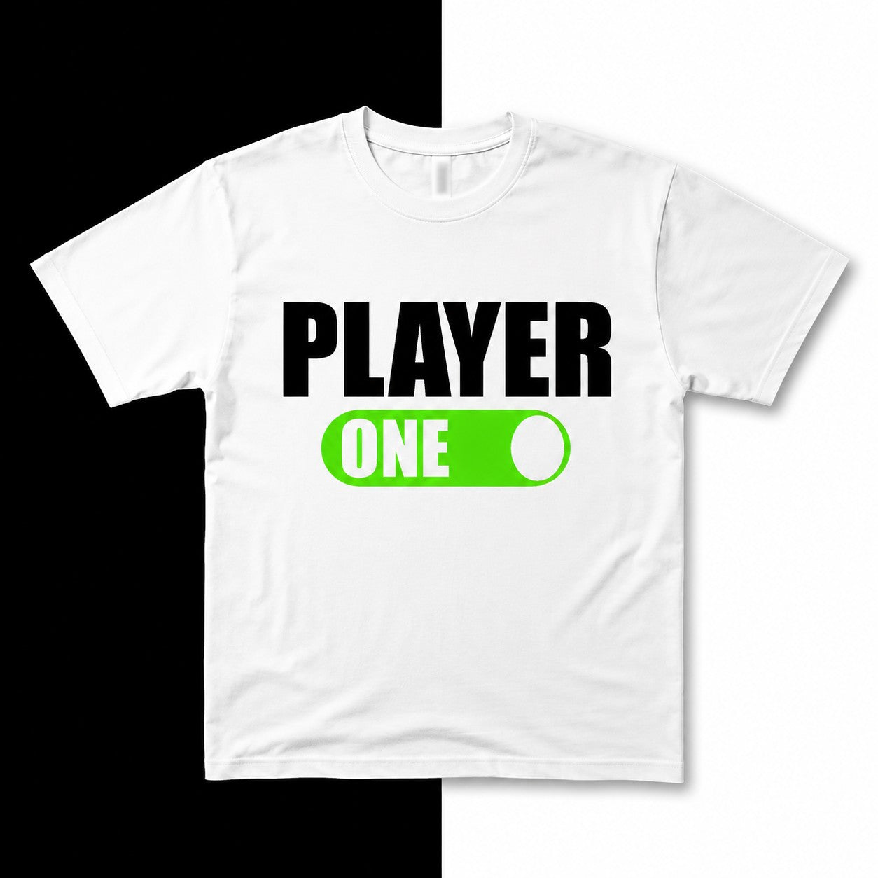 Black Flag Promotions white crew neck t-shirt with a black and green Player One graphic print on the chest.