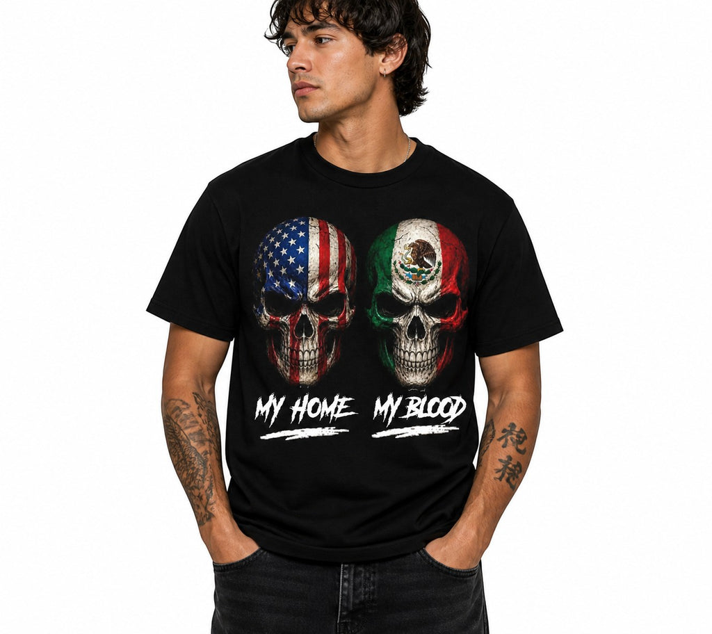 Black Flag Promotions crewneck t-shirt featuring US and Mexico flag skull graphics and My Home My Blood text