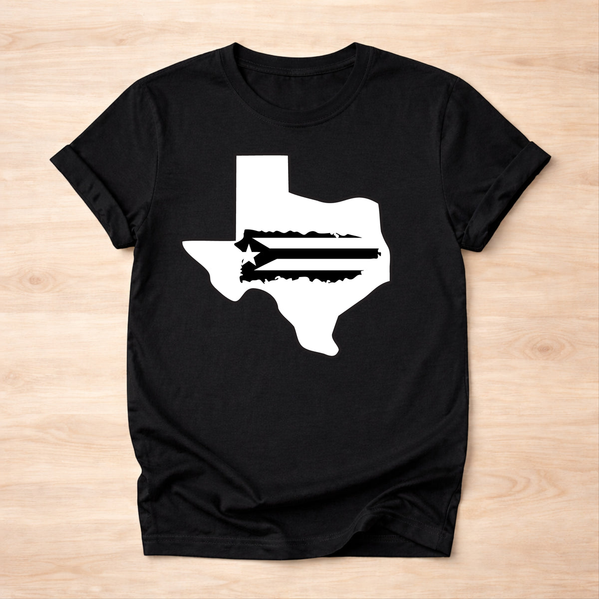 Black Flag Promotions black crew neck t-shirt featuring a white Texas state silhouette with a distressed flag graphic.