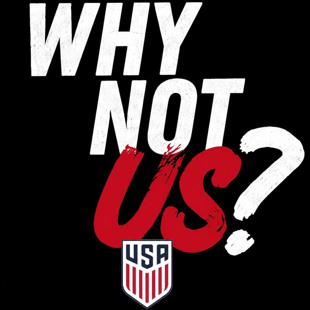 Black Flag Promotions Why Not Us USA soccer graphic tee with bold white and red lettering and a USA crest on black cotton
