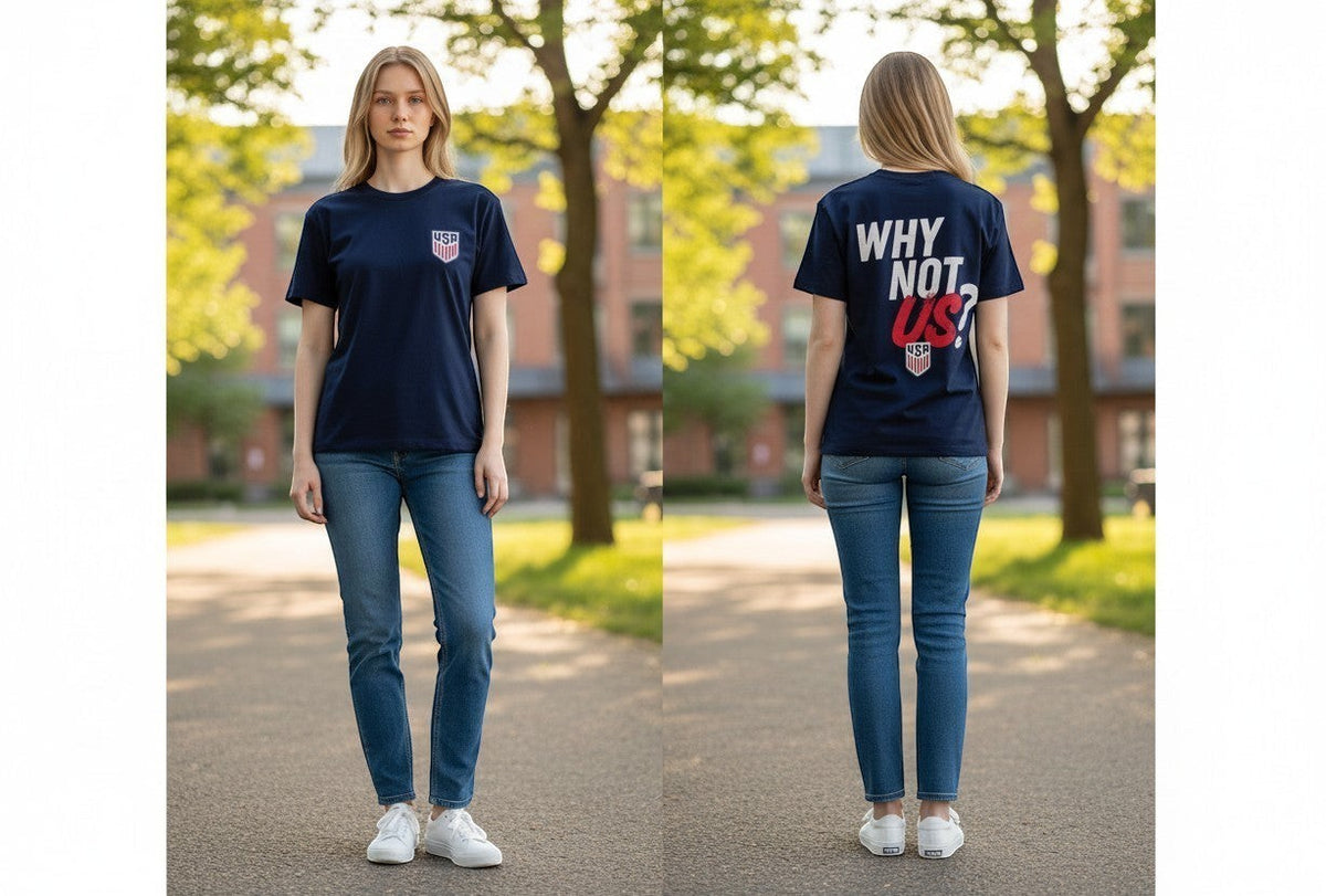 Black Flag Promotions navy blue cotton USA soccer t-shirt with front crest and Why Not Us back graphic on a model.