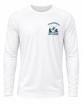 Black Flag Promotions white long-sleeve performance fishing shirt with a blue fisherman graphic on the chest.