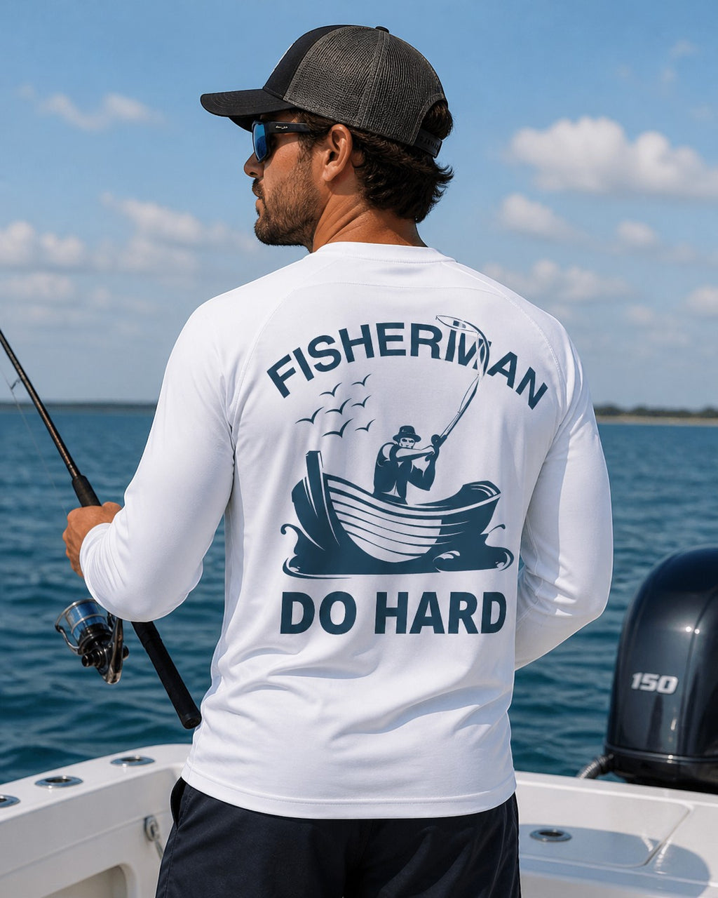 Black Flag Promotions white long sleeve performance fishing shirt with Fisherman Do Hard graphic on the back