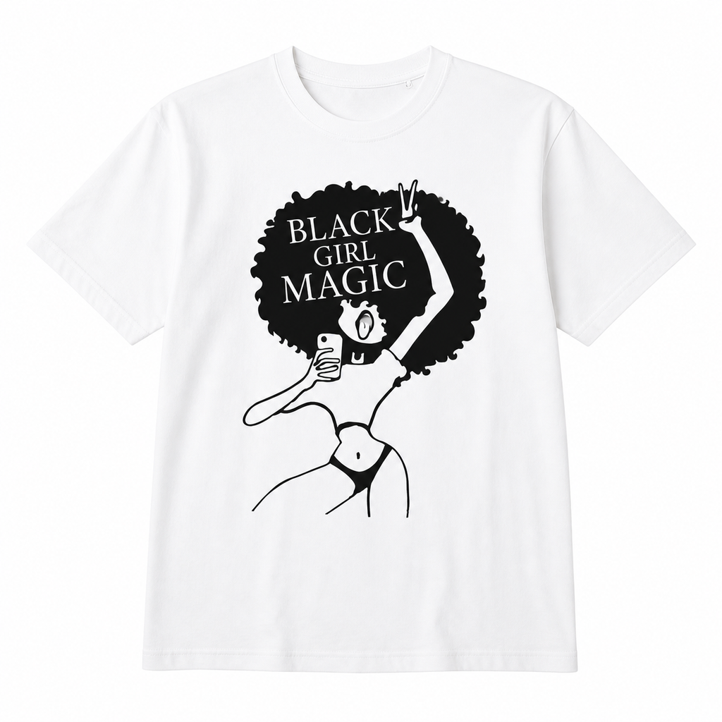 White t-shirt with 'Black Girl Magic' graphic design on a white background
